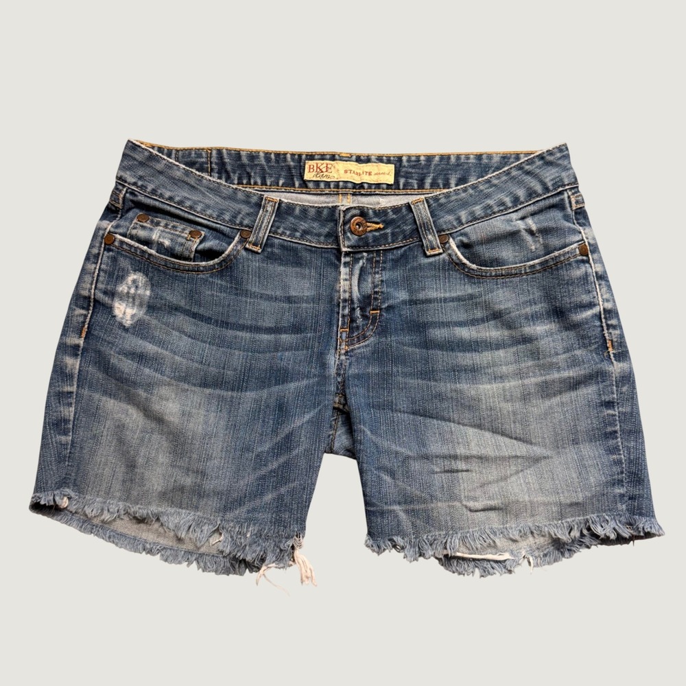 BKE Denim Starlite Stretch Medium Wash Raw Hem Jean Shorts Size 29 x35 1/2